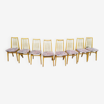 Set of 8 Scandinavian wood and fabric chairs