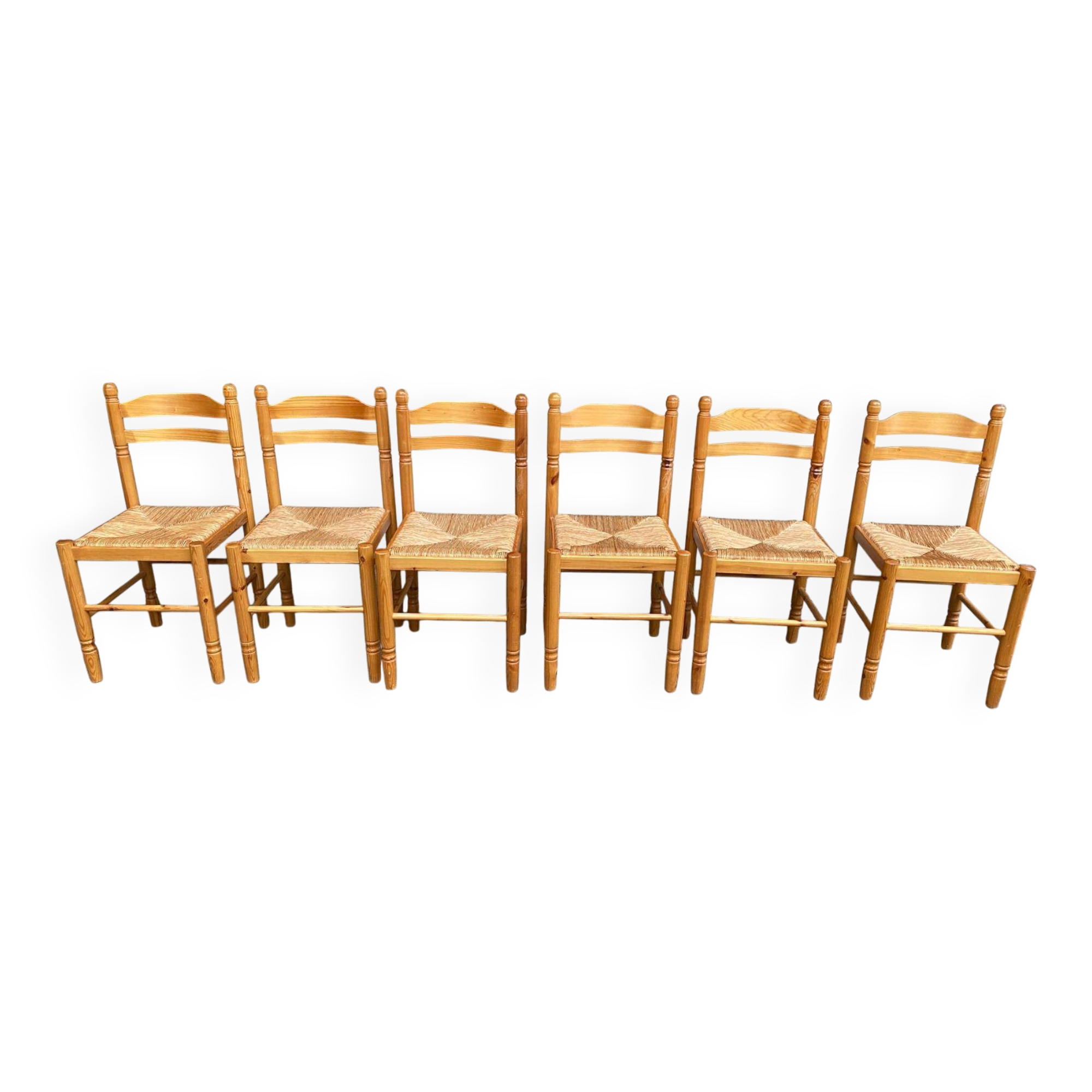 6 Scandinavian chairs in solid wood and straw, 1980