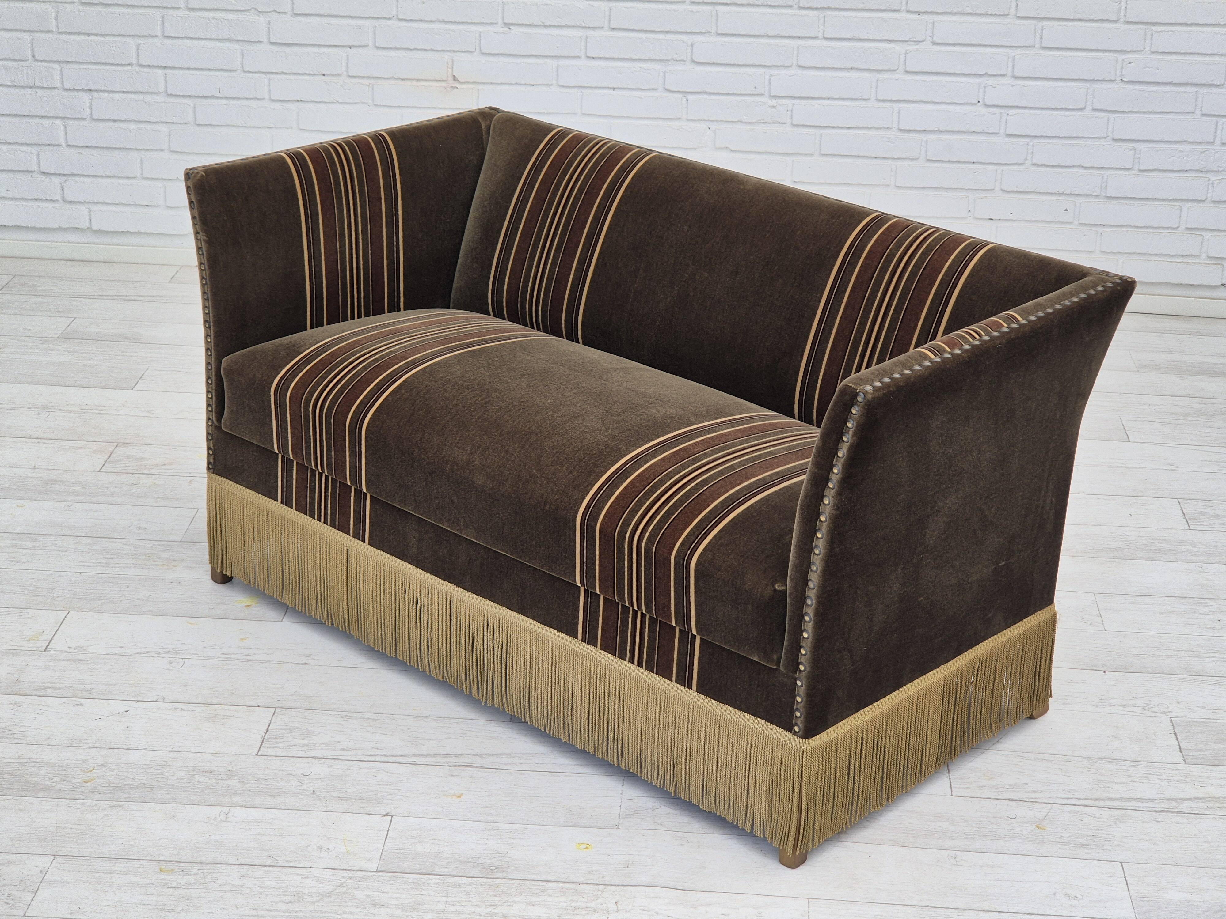 1970s, Danish 2 seater sofa, original condition, green velour, beech wood legs.