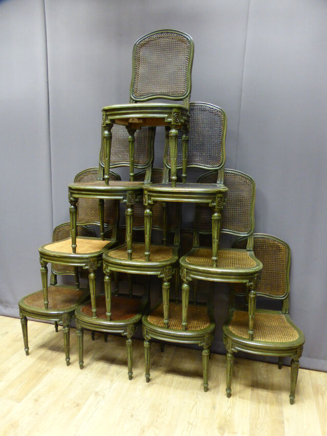 Set of 10 chairs in painted beech and Louis XVI style caning
