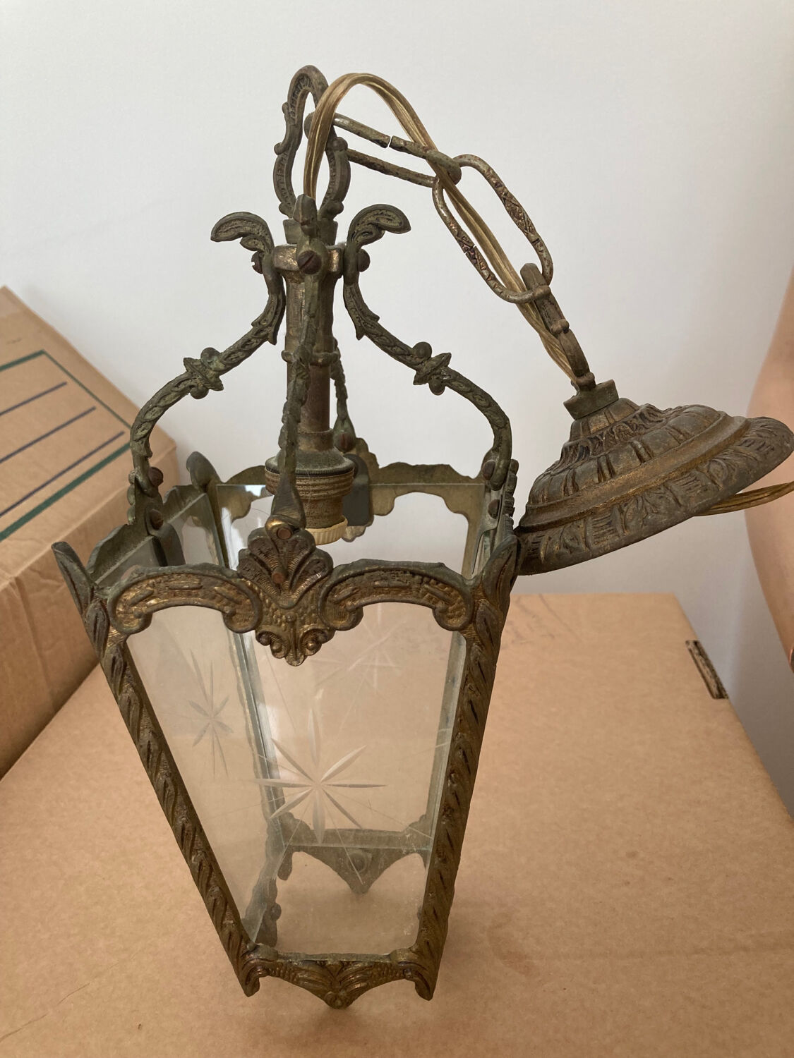 Pair of bronze and glass pendant lamps