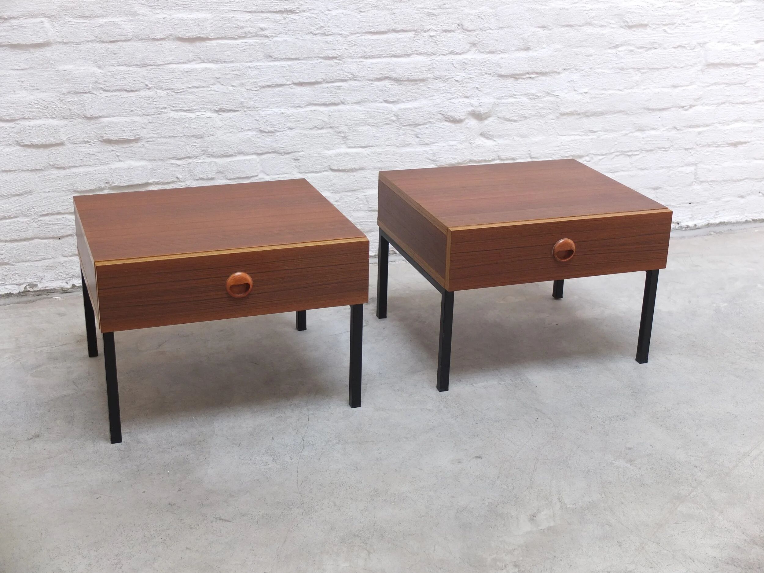 Modernist pair of bedside tables with drawers, 1960s