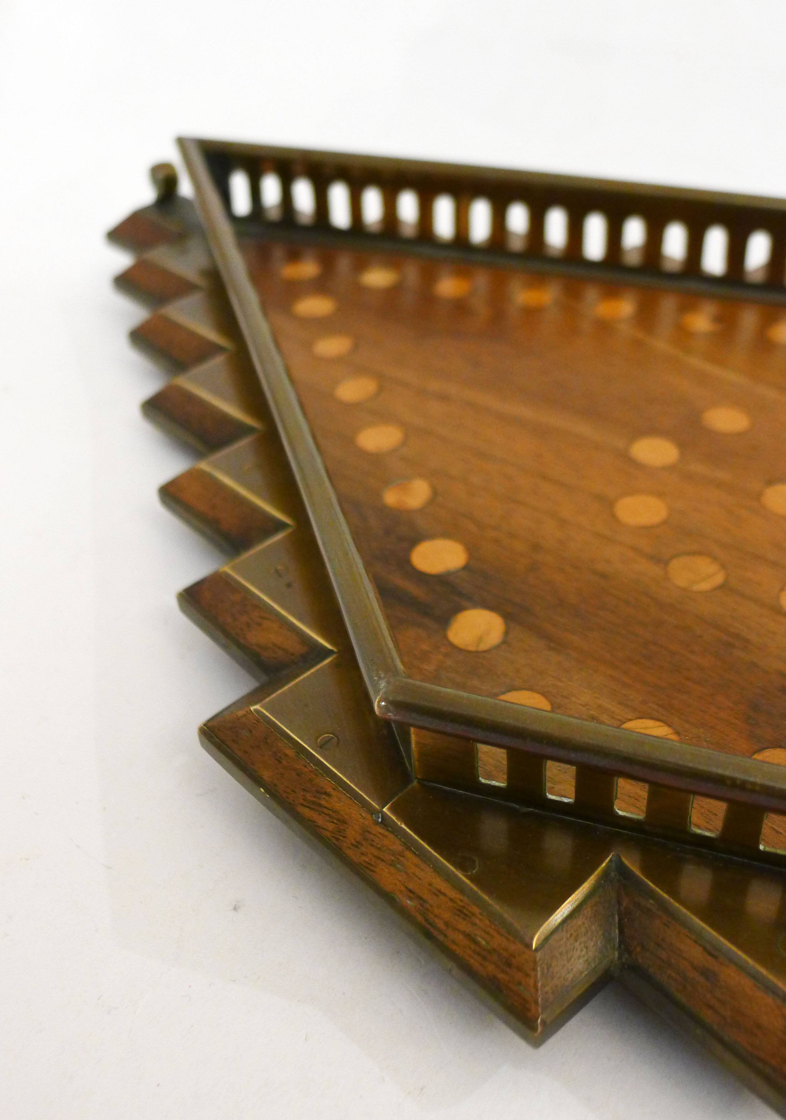 Diamond-shaped wood and brass tray