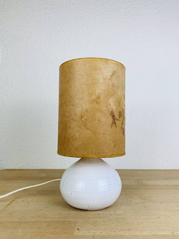 Lampe figue céramique blanche vintage, fleurs séchées, années 70