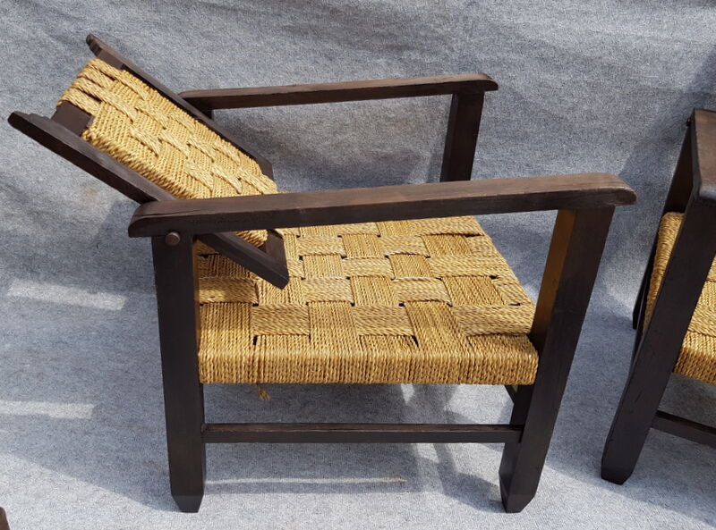 Set of chairs and armchairs from 1940, wood and woven vegetable rope