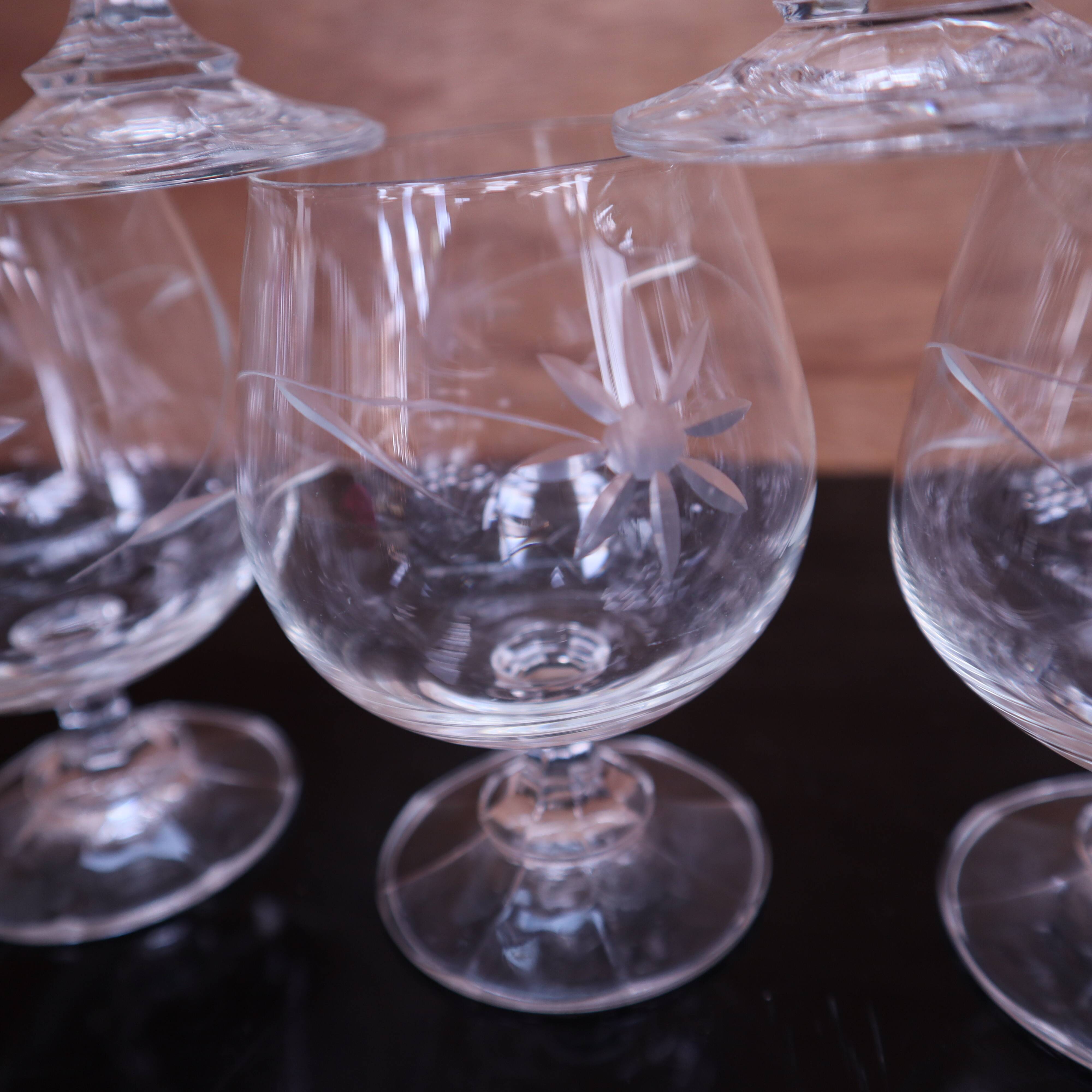5 engraved vintage flower port glasses
