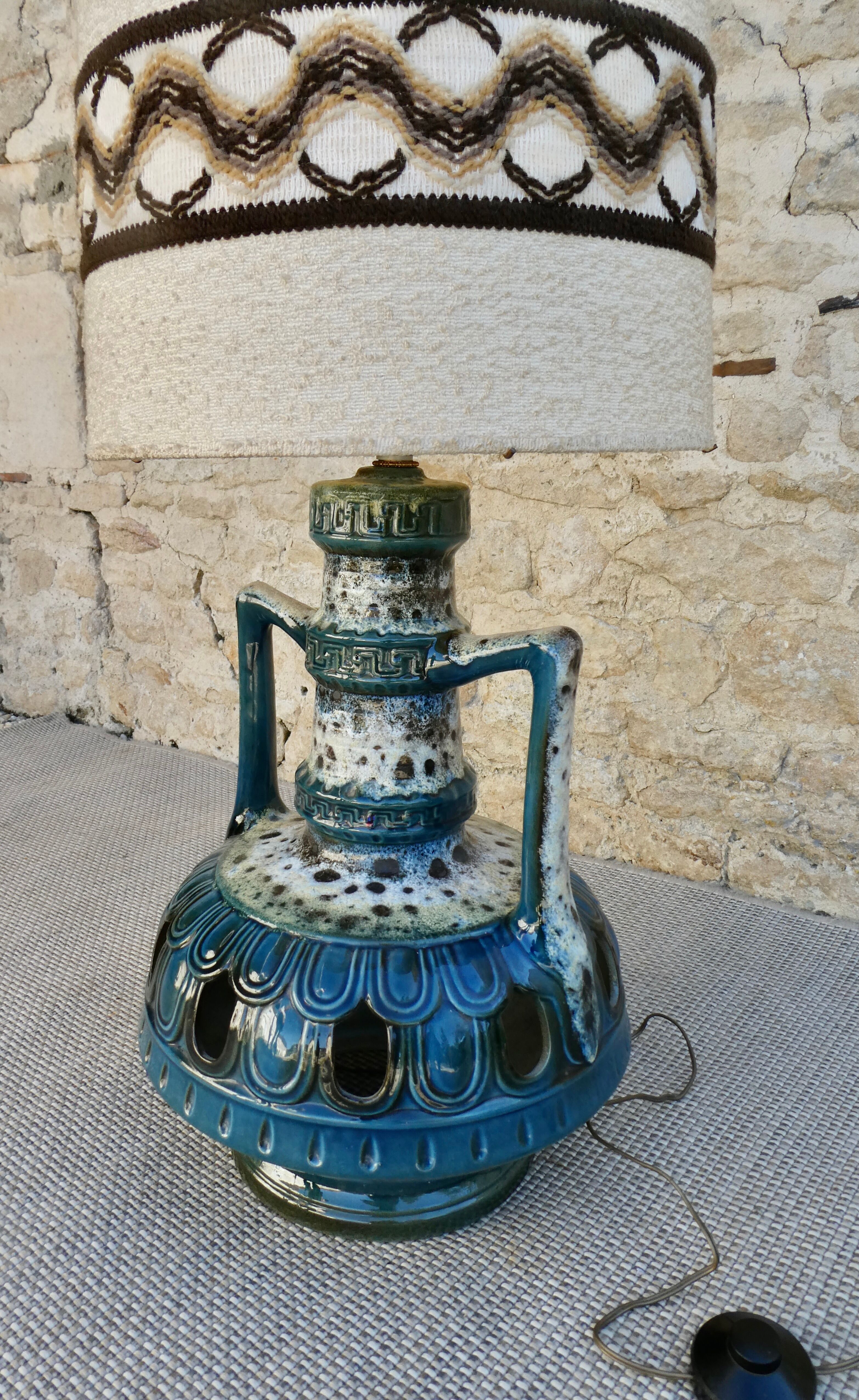 Blue ceramic floor lamp, Fat Lava, double lighting, 70s