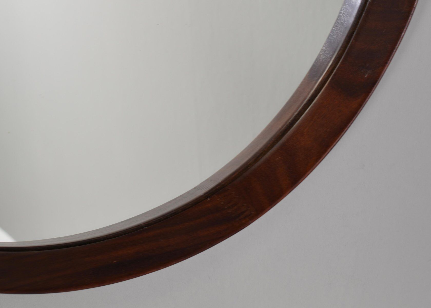 Italian round wall mirror in solid teak leather and brass 1950 68x53cm