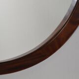 Miroir mural rond italien en teck massif cuir et laiton 1950 68x53cm
