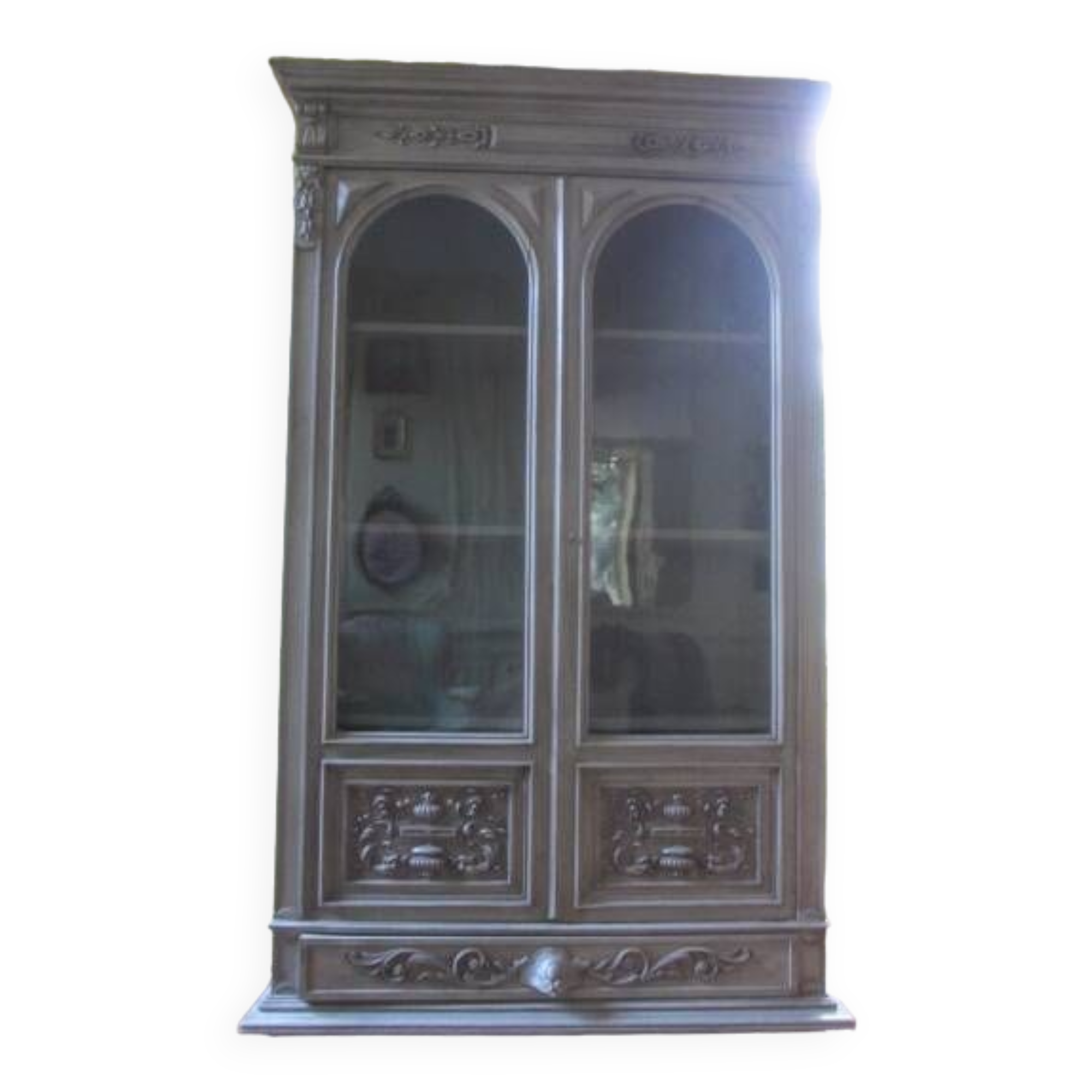 Antique carved buffet display cabinet with gray patina
