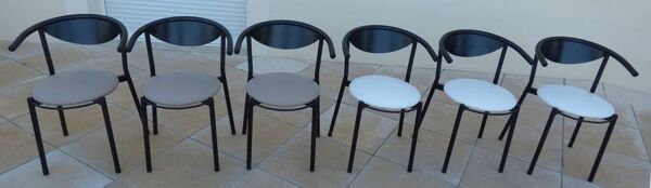 6 Chaises de style gondole structure métallique cossu et simili cuir