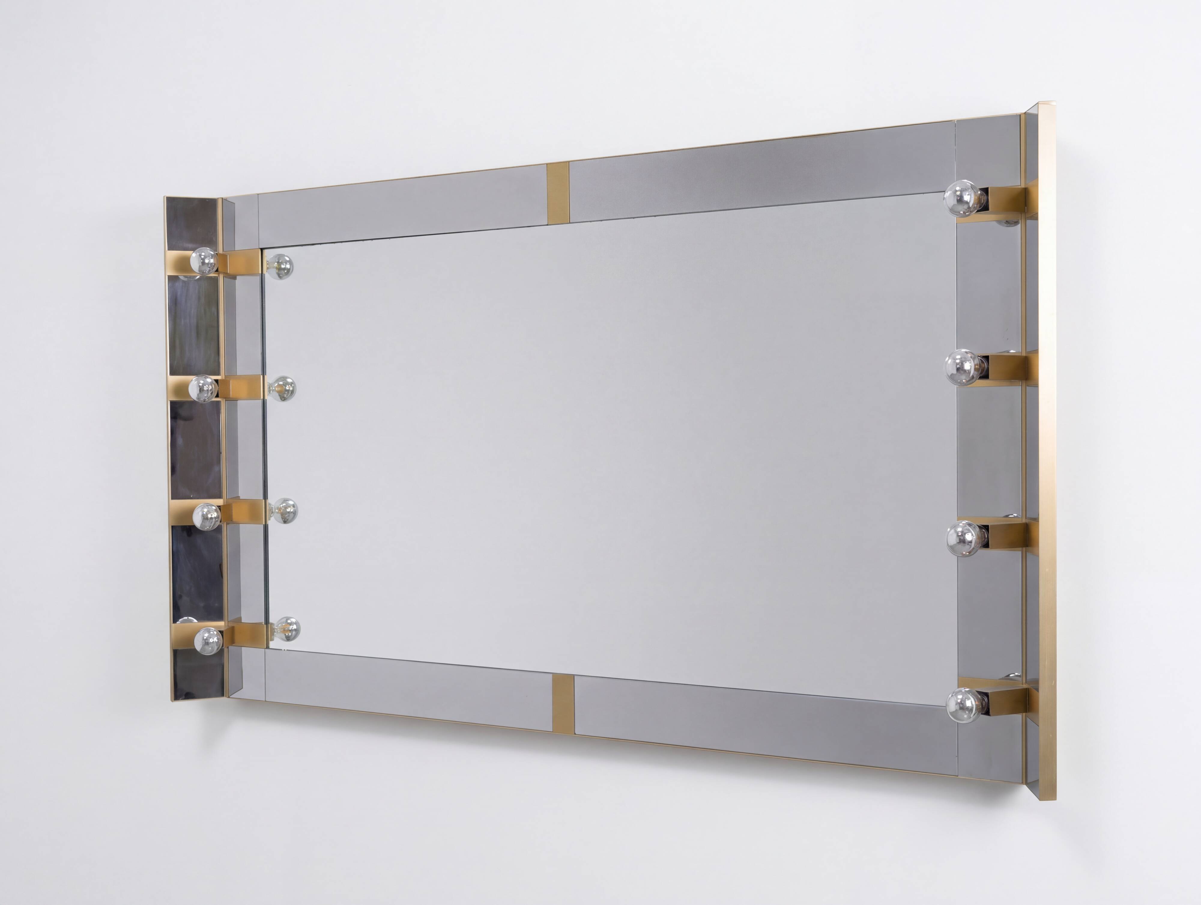 Illuminated dressing room mirror by Gaetano Sciolari in chrome and brass, Italy, 1970s