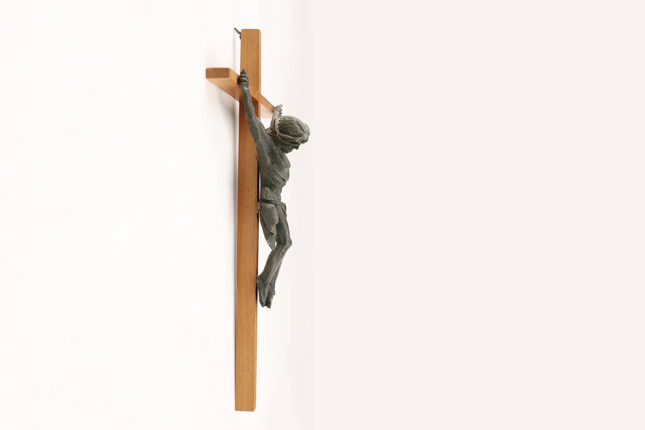 Antique Realistic Wooden Crucifix, France, 1850