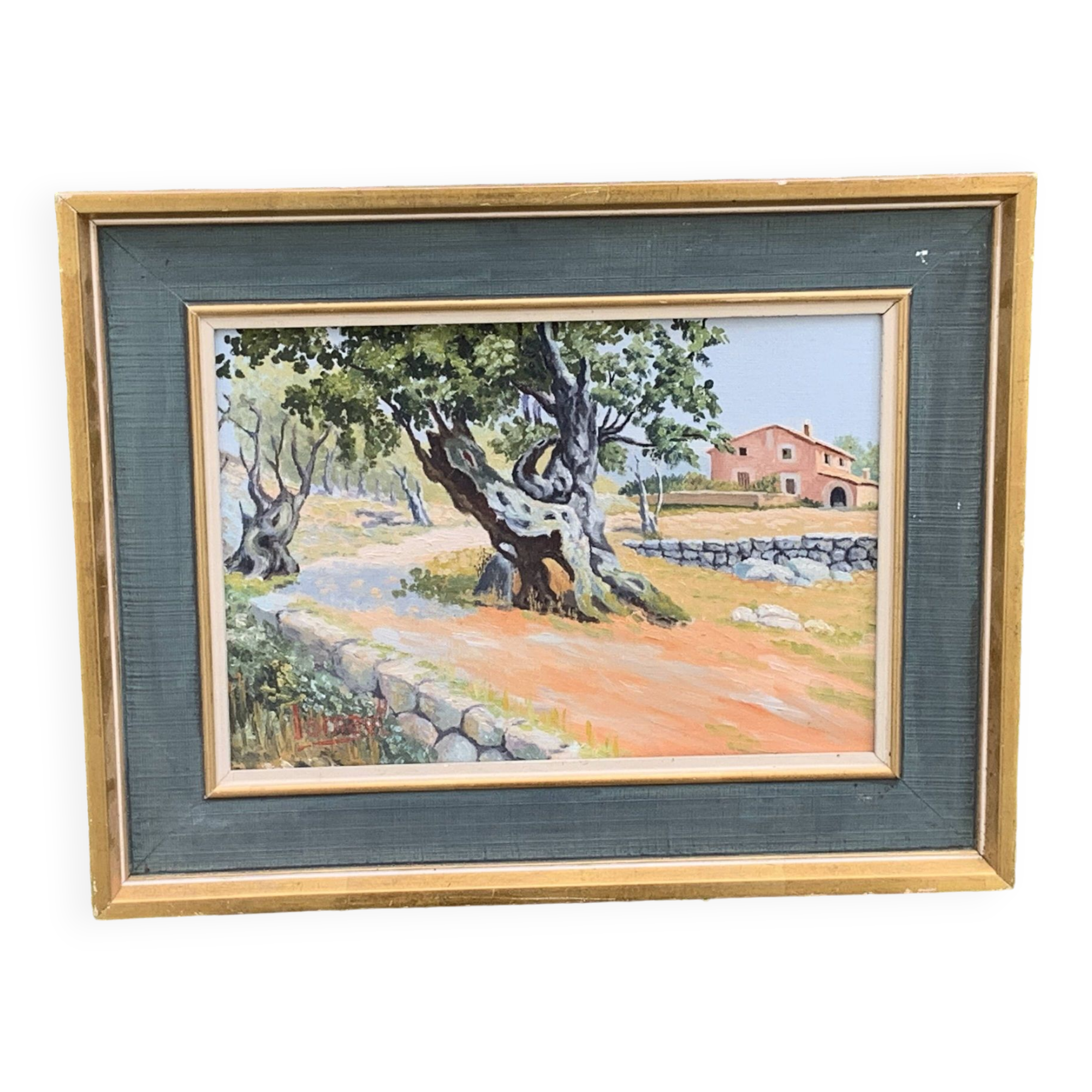 Framed painting, painting, southern farmhouse, Ismael sign, painting on framed canvas cardboard, vintage