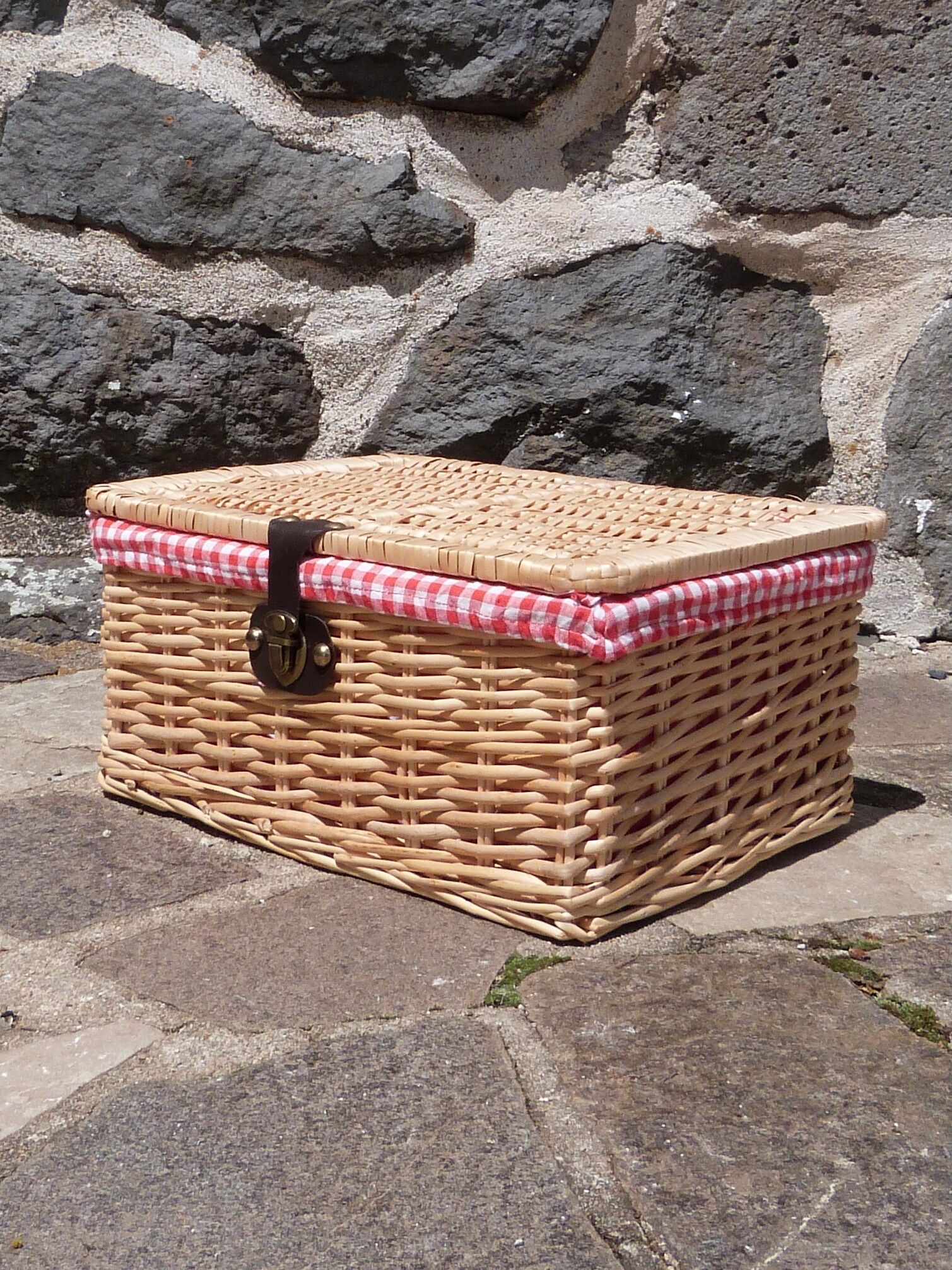 Wicker basket with gingham fabric
