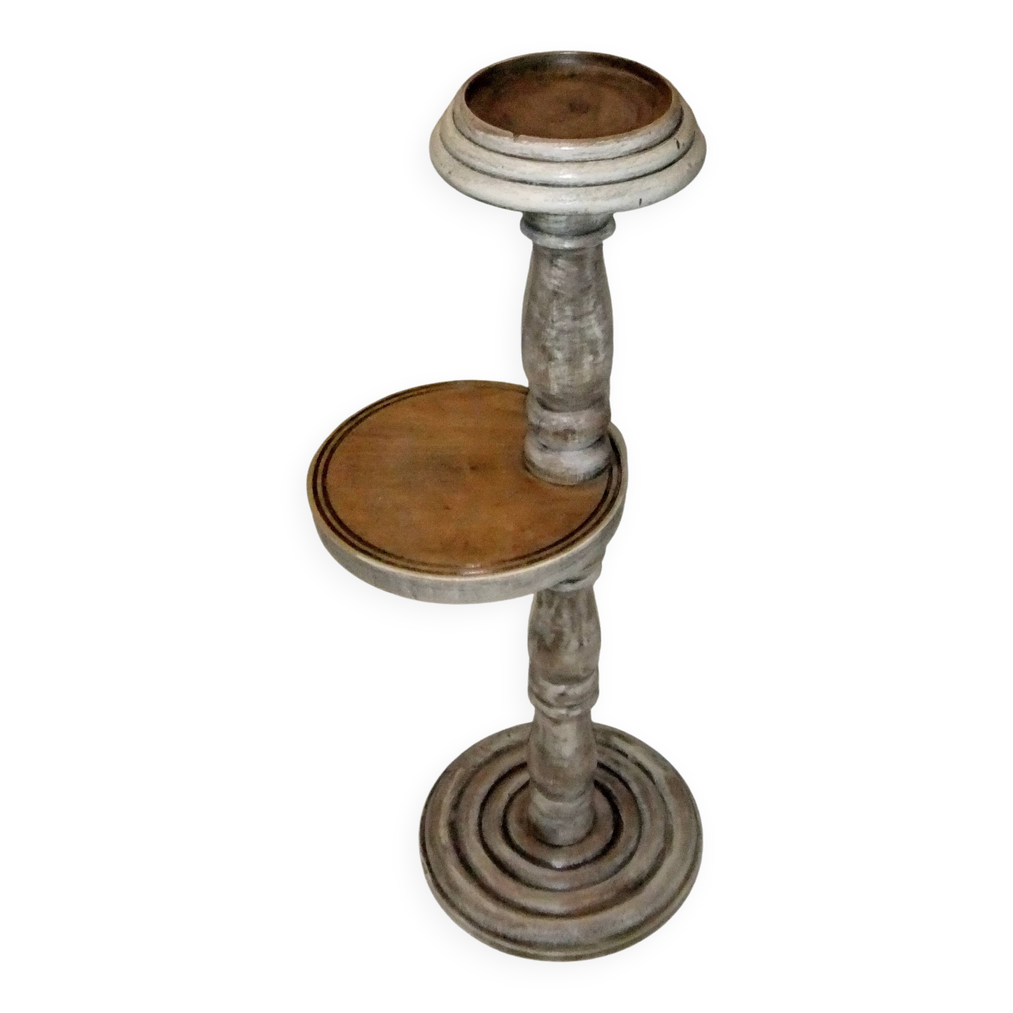 Wooden side table plant holder ivory patina ashtray rotating tray