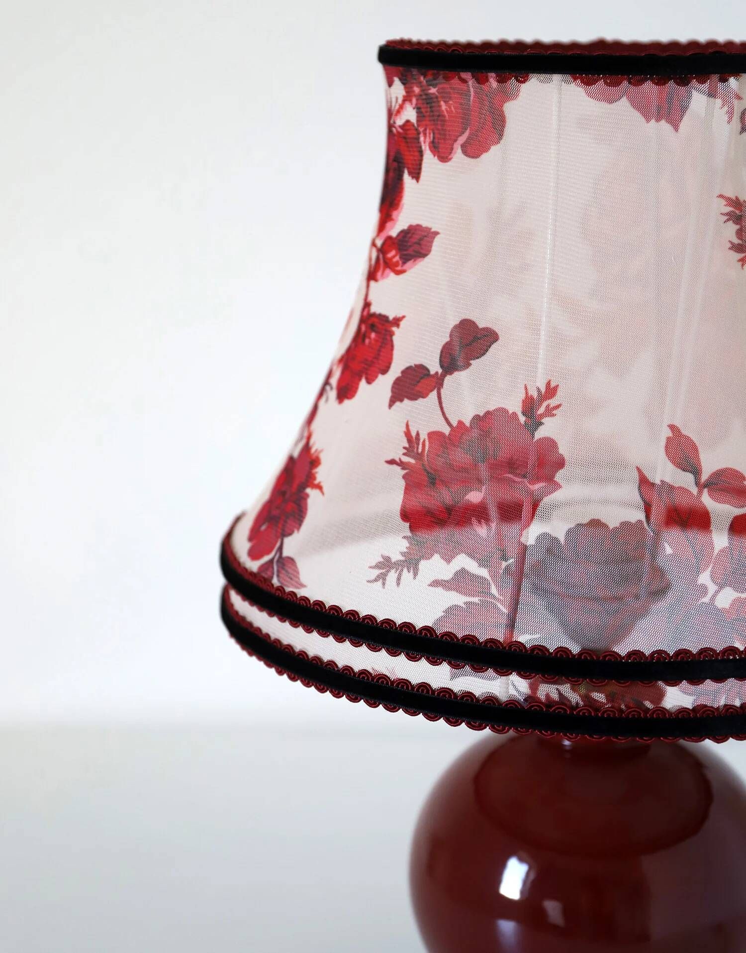 Recycled vintage lamp — burgundy ceramic base, floral voile shade