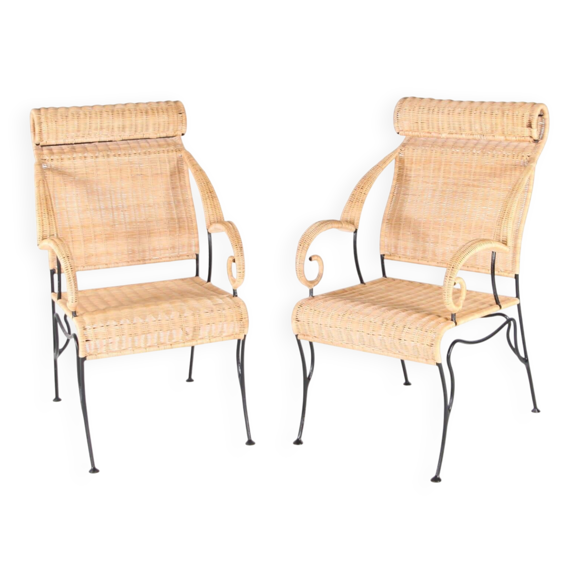 Pair of wicker and blackened iron armchairs
