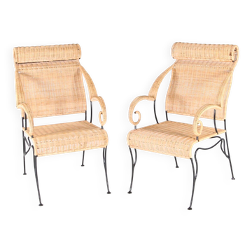 Paire de fauteuils en osier et fer noirci