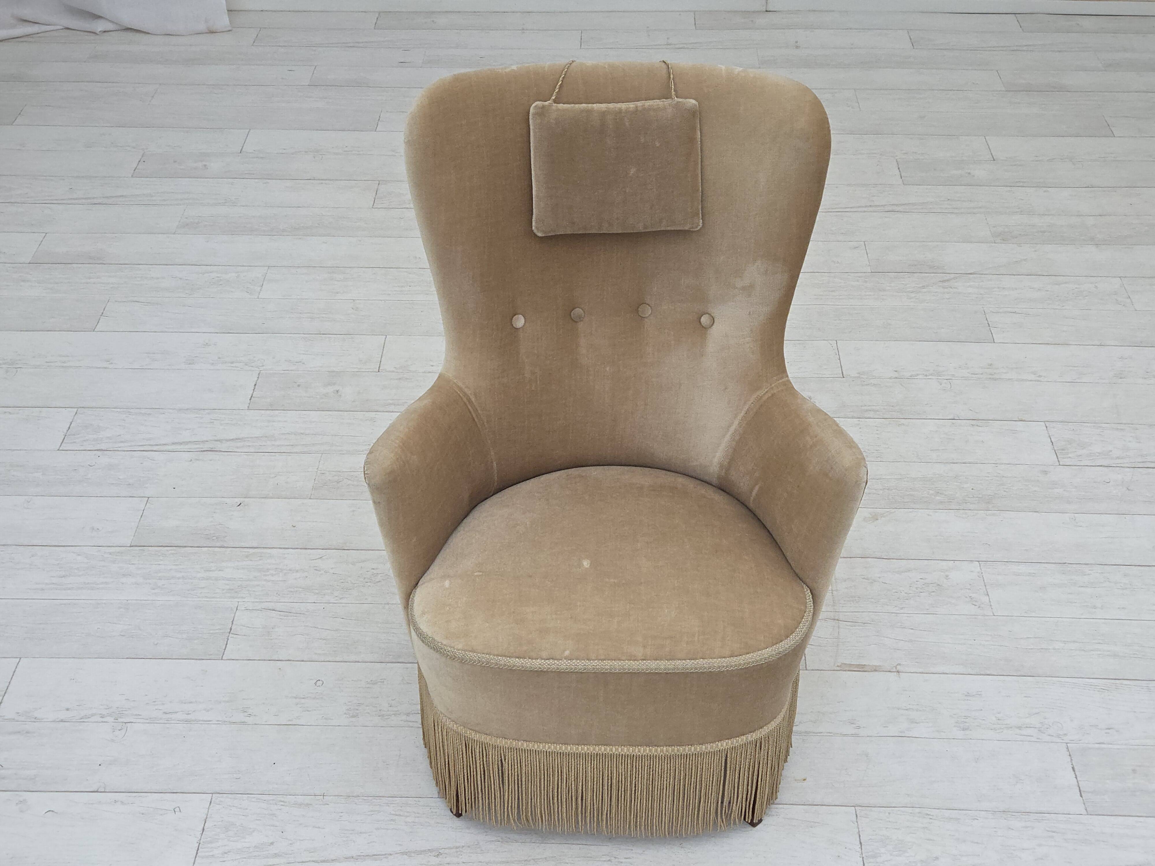 1960s, Danish armchair in green/brown furniture velour, original condition.