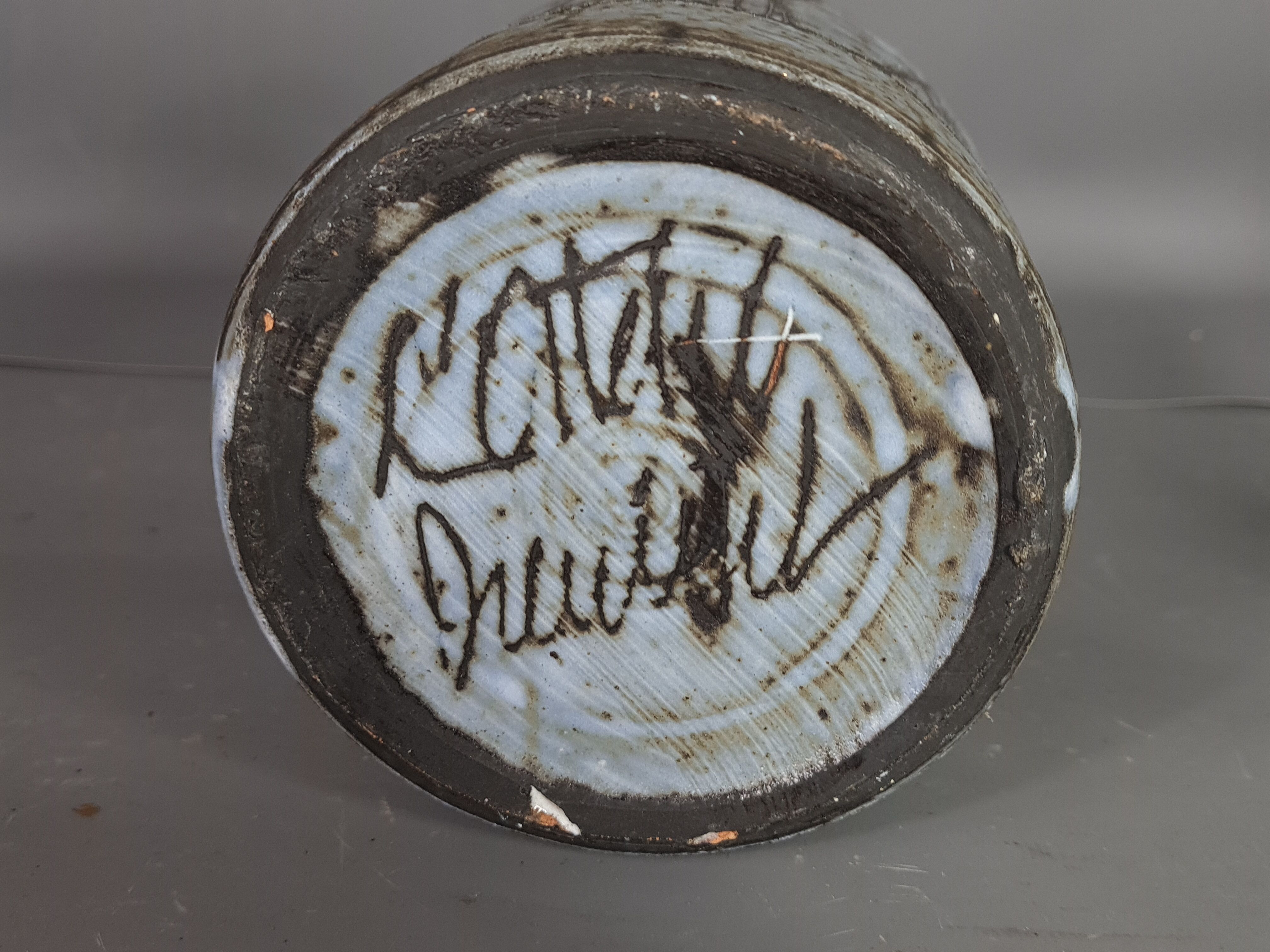 J. Pouchain (1925-2015) incised covered pot enamelled abstract decoration, signed. SB