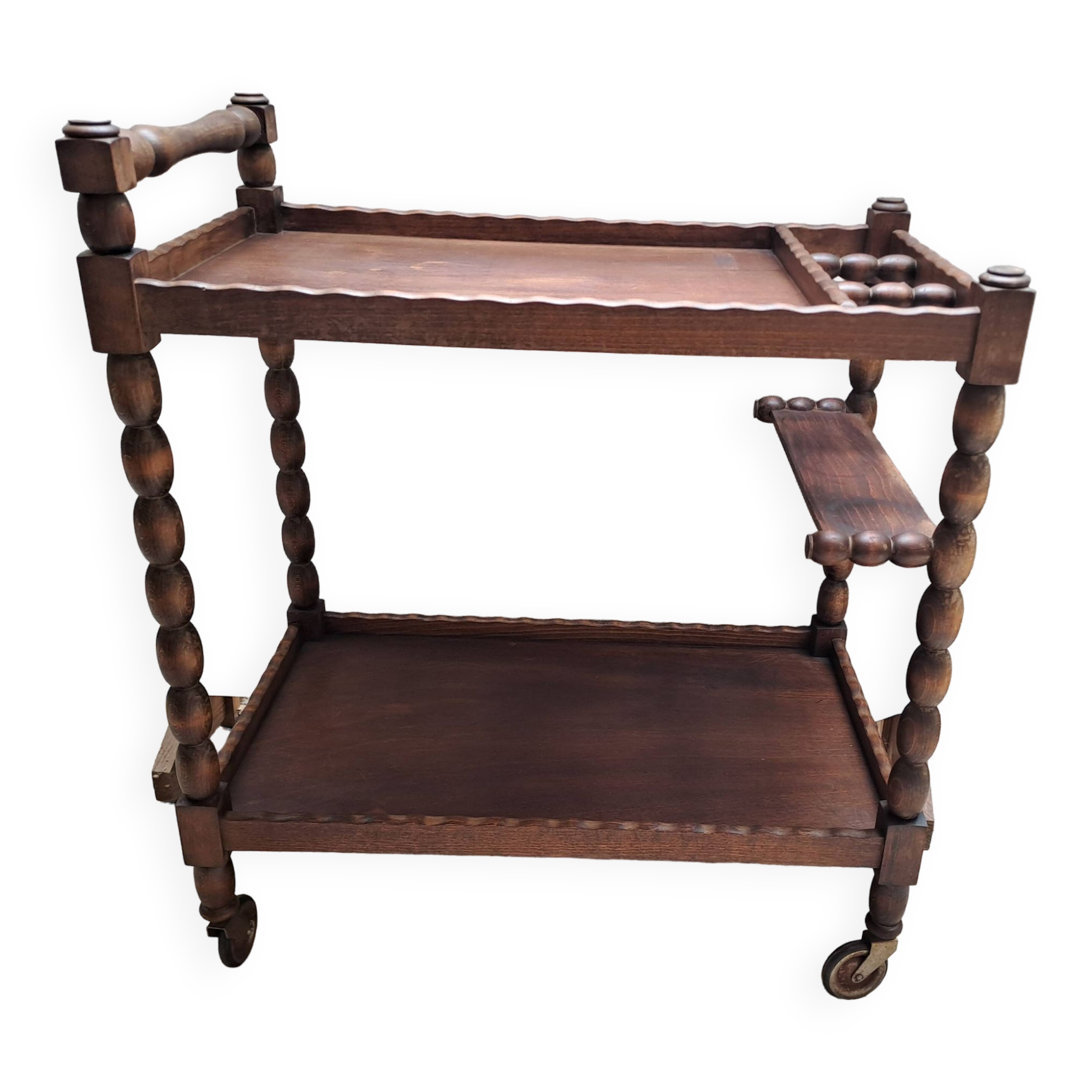 Dessert, table with wheels, side table in solid wood stained brown color France 1960