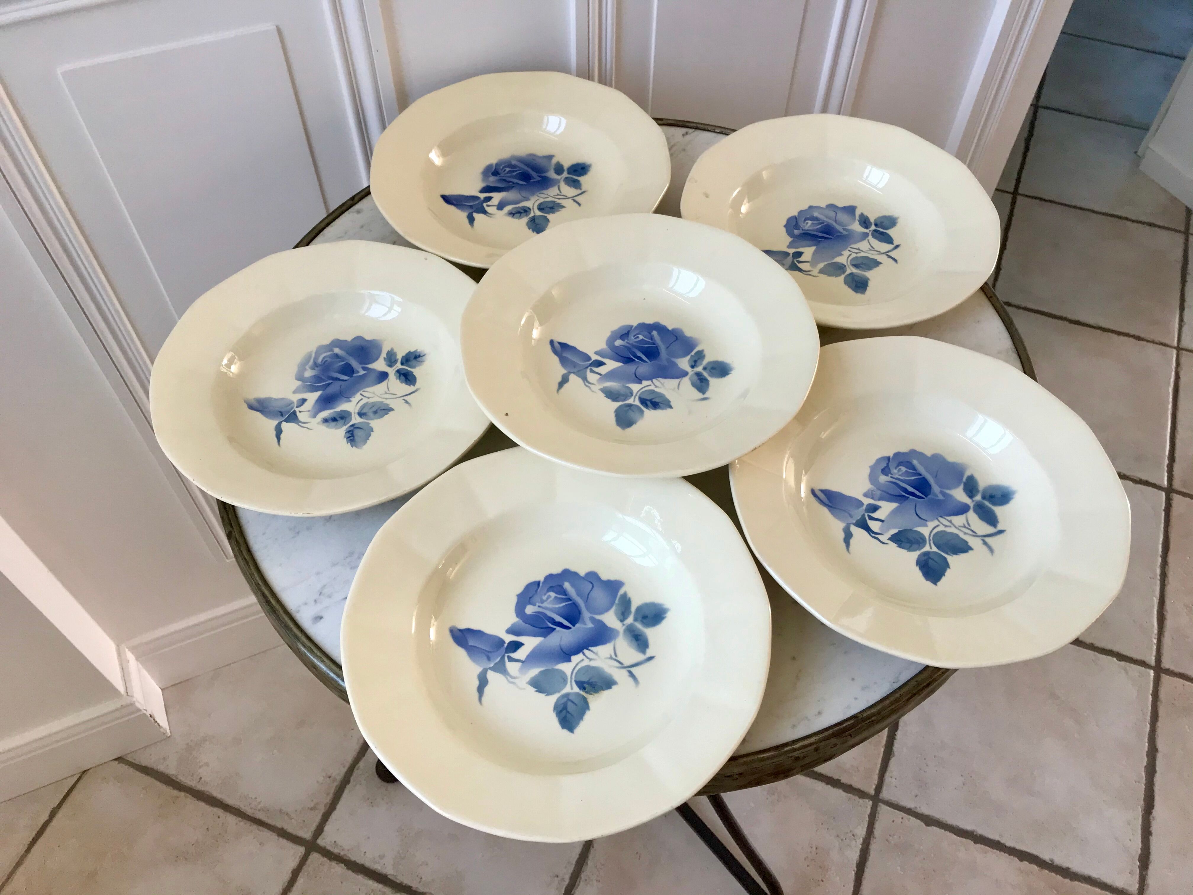 6 hollow plates Digoin Sarreguemines blue flowers 30s