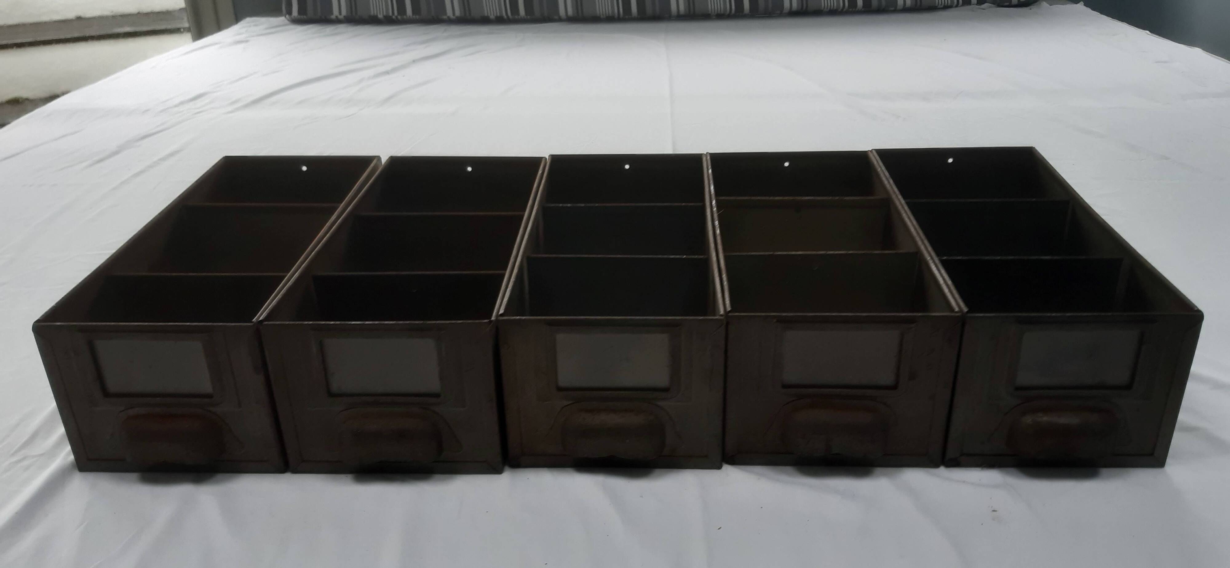 Set of 5 metallic gray industrial drawer lockers from the 60s