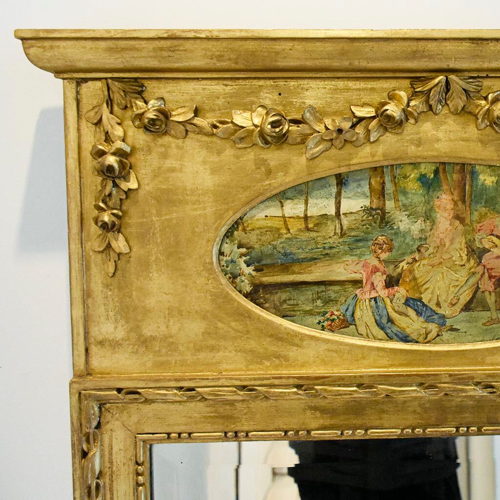 Mirror trumeau old golden wood carved pediment floral romantic painting h 135 cm
