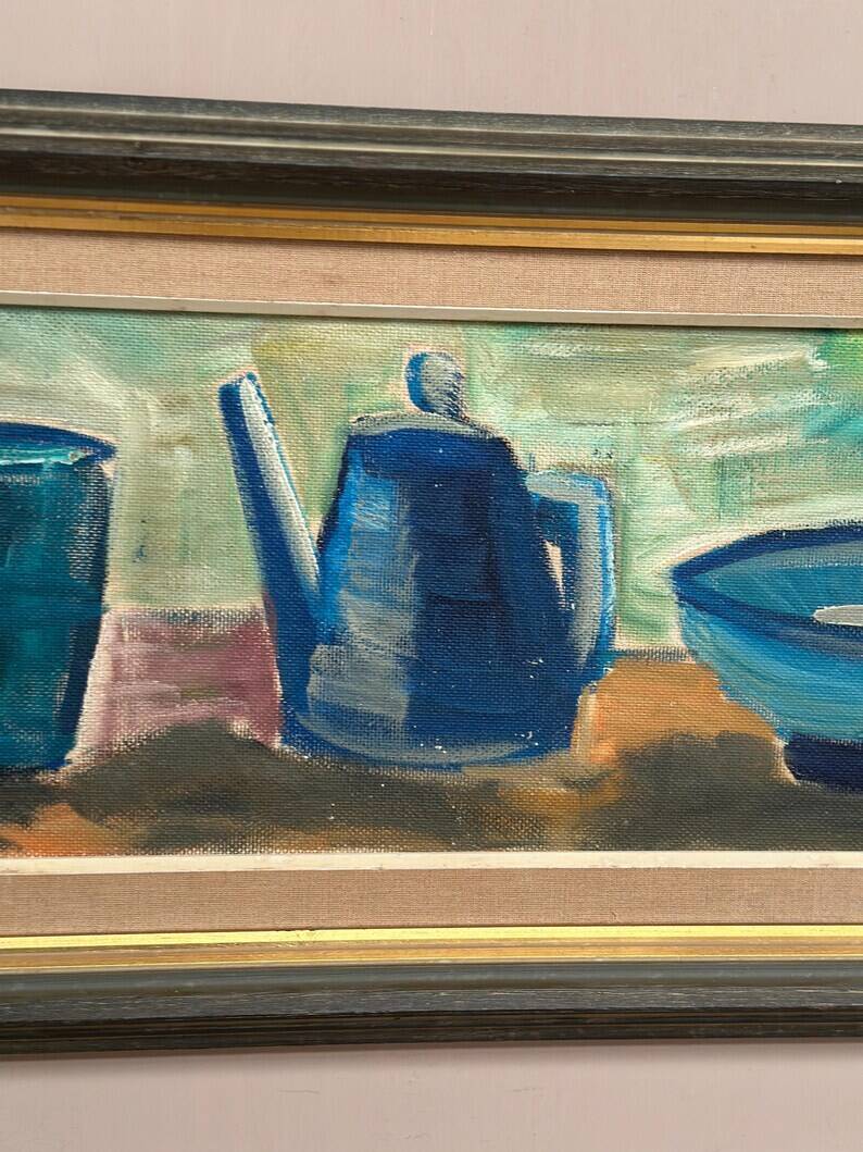 Large Original Swedish Oil on Panel – “Kettle Bowl and Glass” by Louis Zelig – Signed – Vintage & Framed – 40 × 80 cm (15.7" × 31.5")