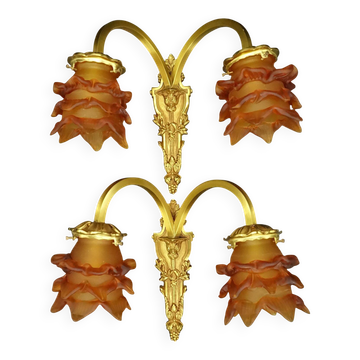 Paire d'appliques style Louis XVI de chez Lucien GAU, Paris - bronze doré