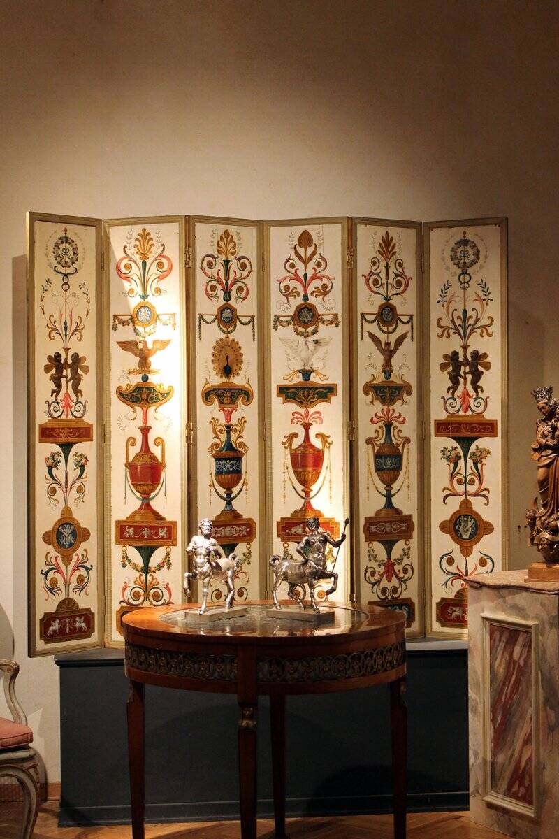 19th Century Italian Six-Panel Painted Wood Folding Screen in Gilt Bronze Frame