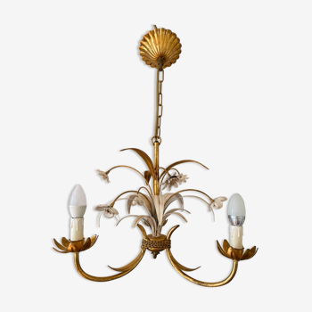 Lustre métal doré à décor de fleurs