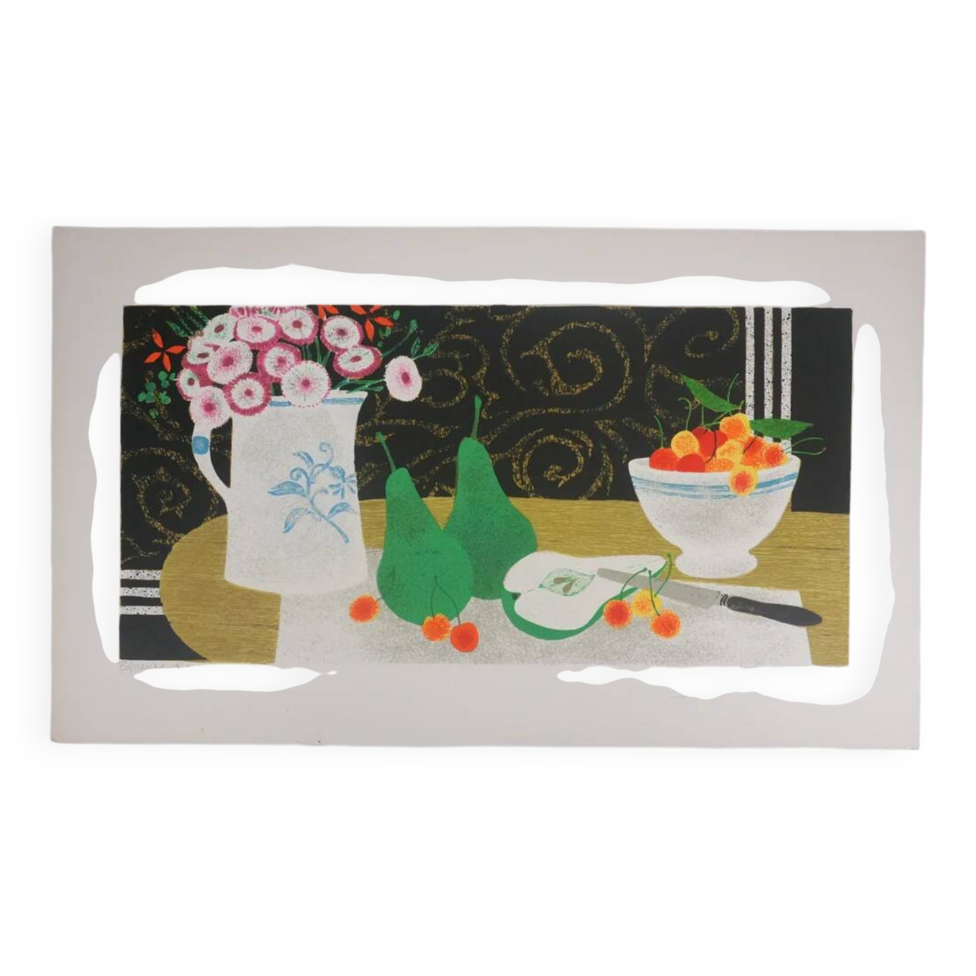 Yves Ganne: Still Life with Pears, original signed lithograph