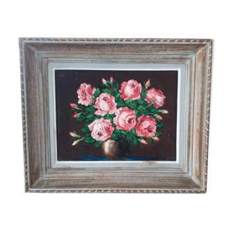 Peinture fleurs roses au couteau sur velours Robert Giovani