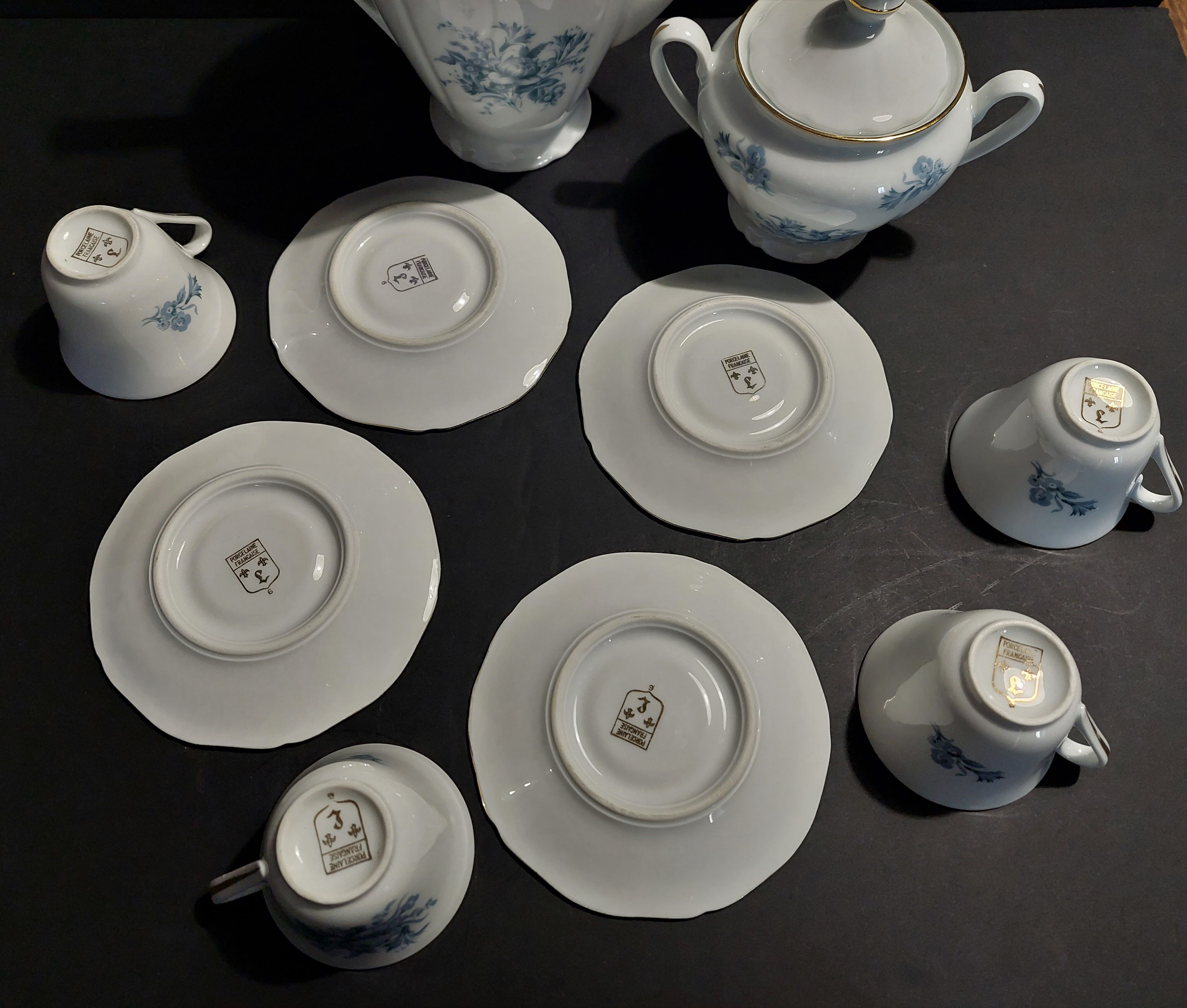 Limoges porcelain coffee set four cups pouring and sugar bowl