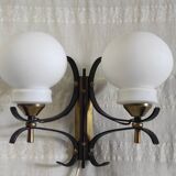 Opaline double globe wall lamp, wrought iron and brass - 50s/60s