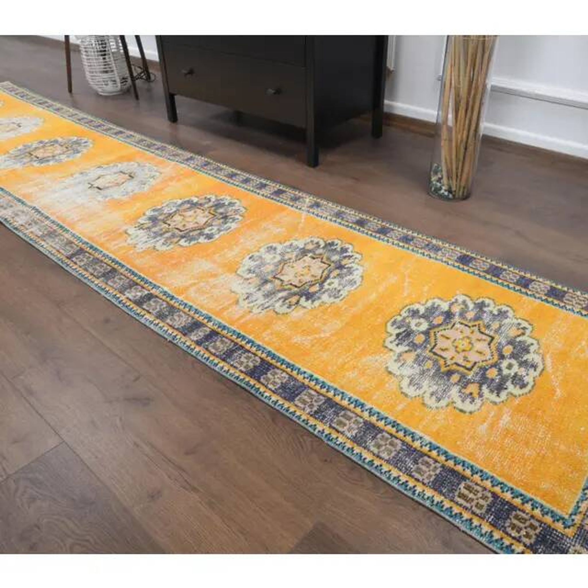 Vintage Turkish Oushak handmade wool cotton orange runner rug 74x350