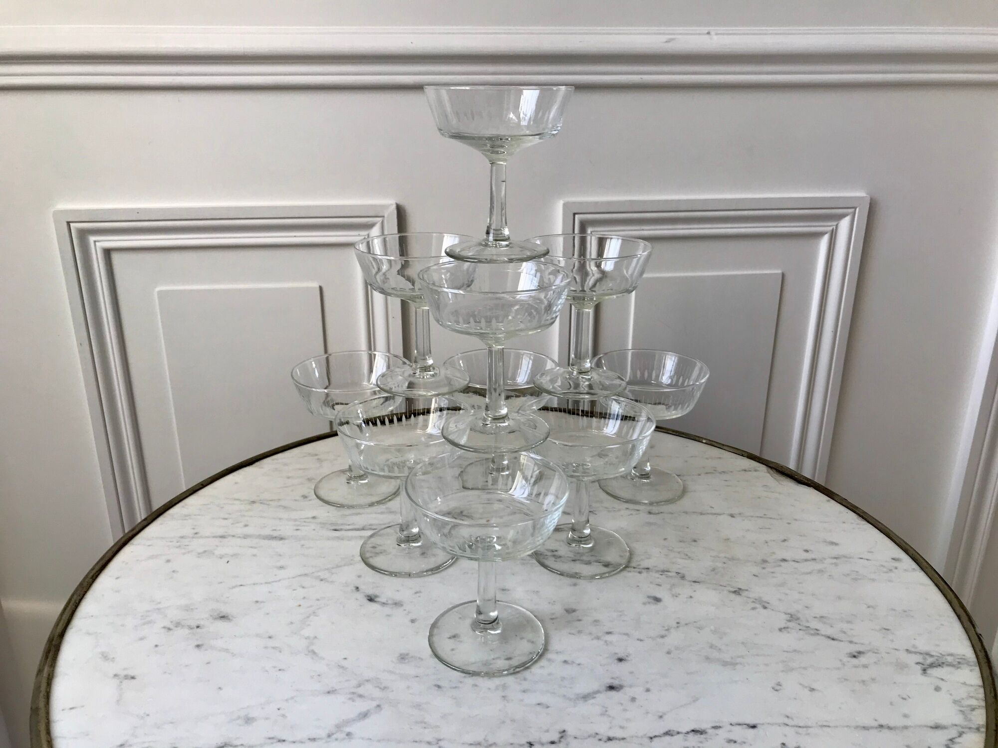 Lot de 10 coupes à champagne en verre cristallin années 50-60
