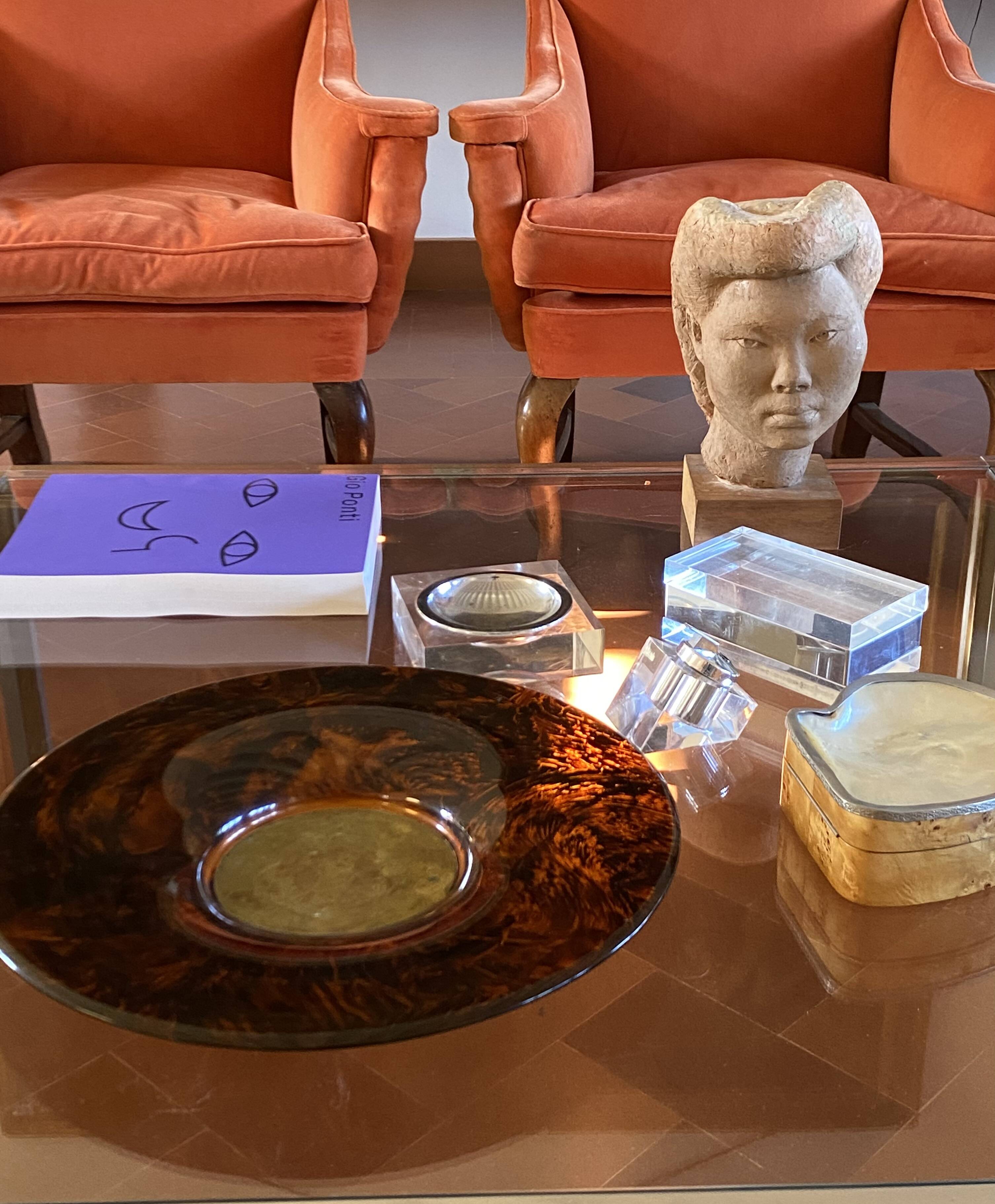 Hollywood regency brass and tortoiseshell lucite tray, Guzzini Italy 1970s