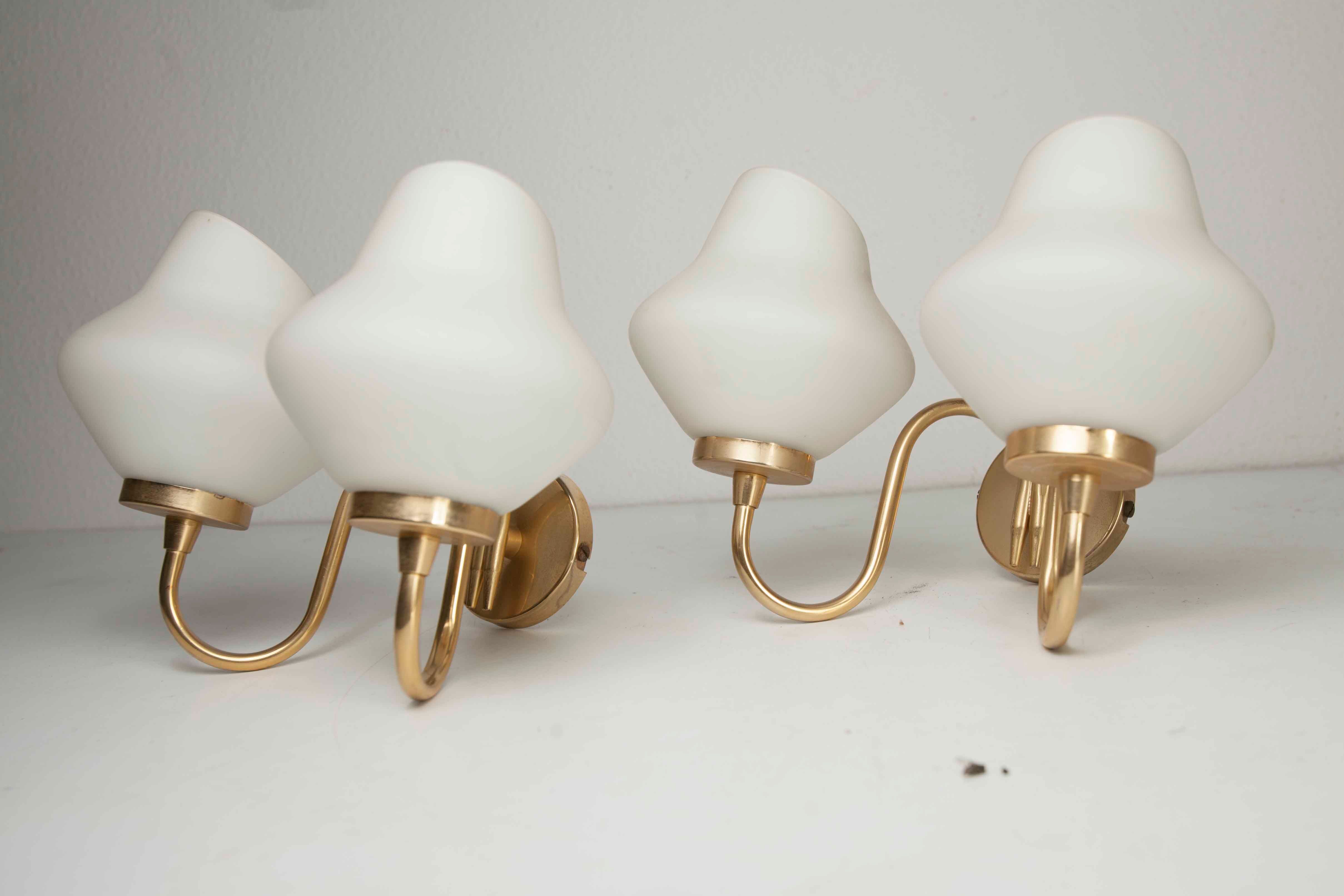Pair of 60s brass and opaline sconces