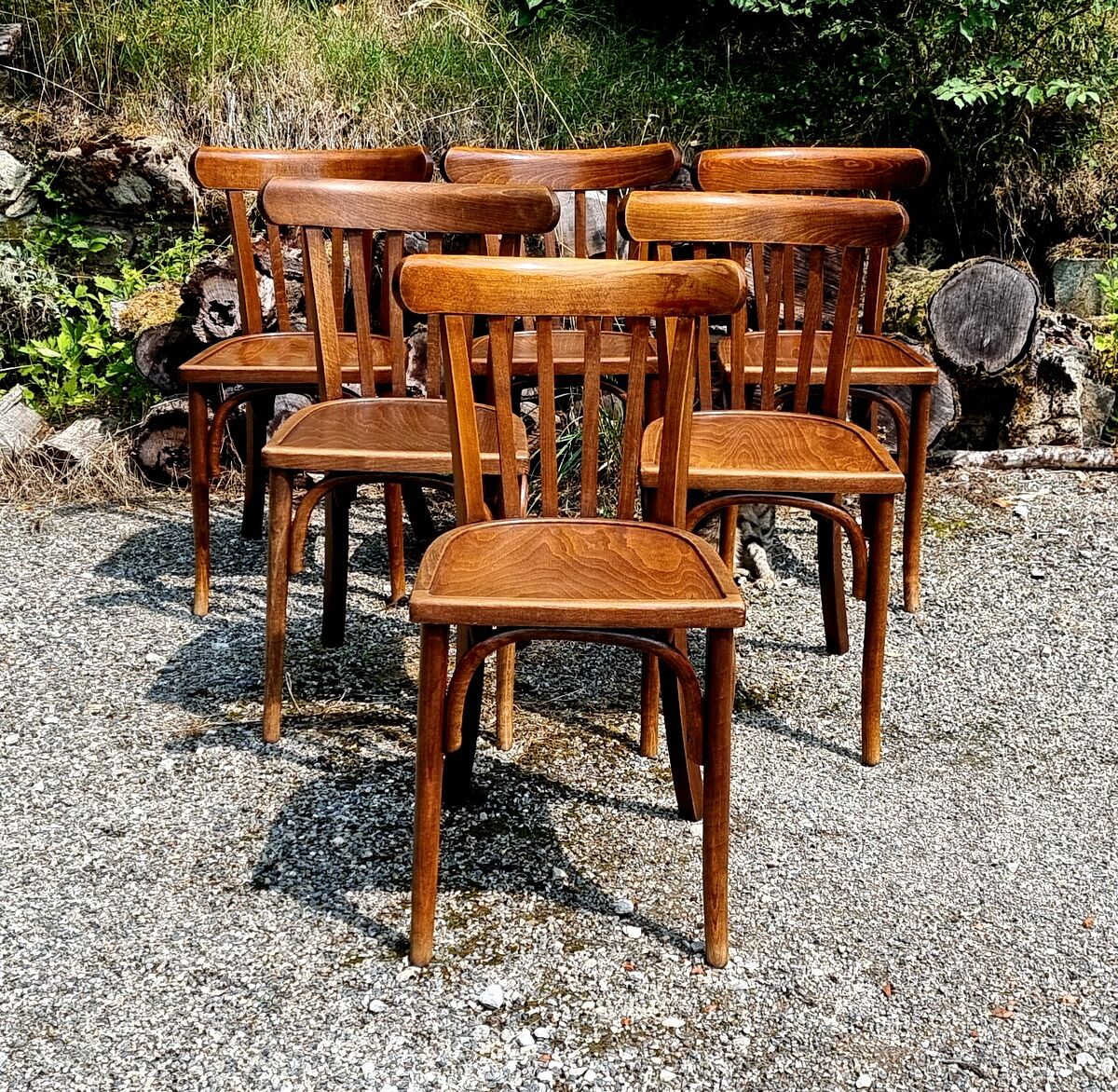 6 curved wooden bistro chairs 60s