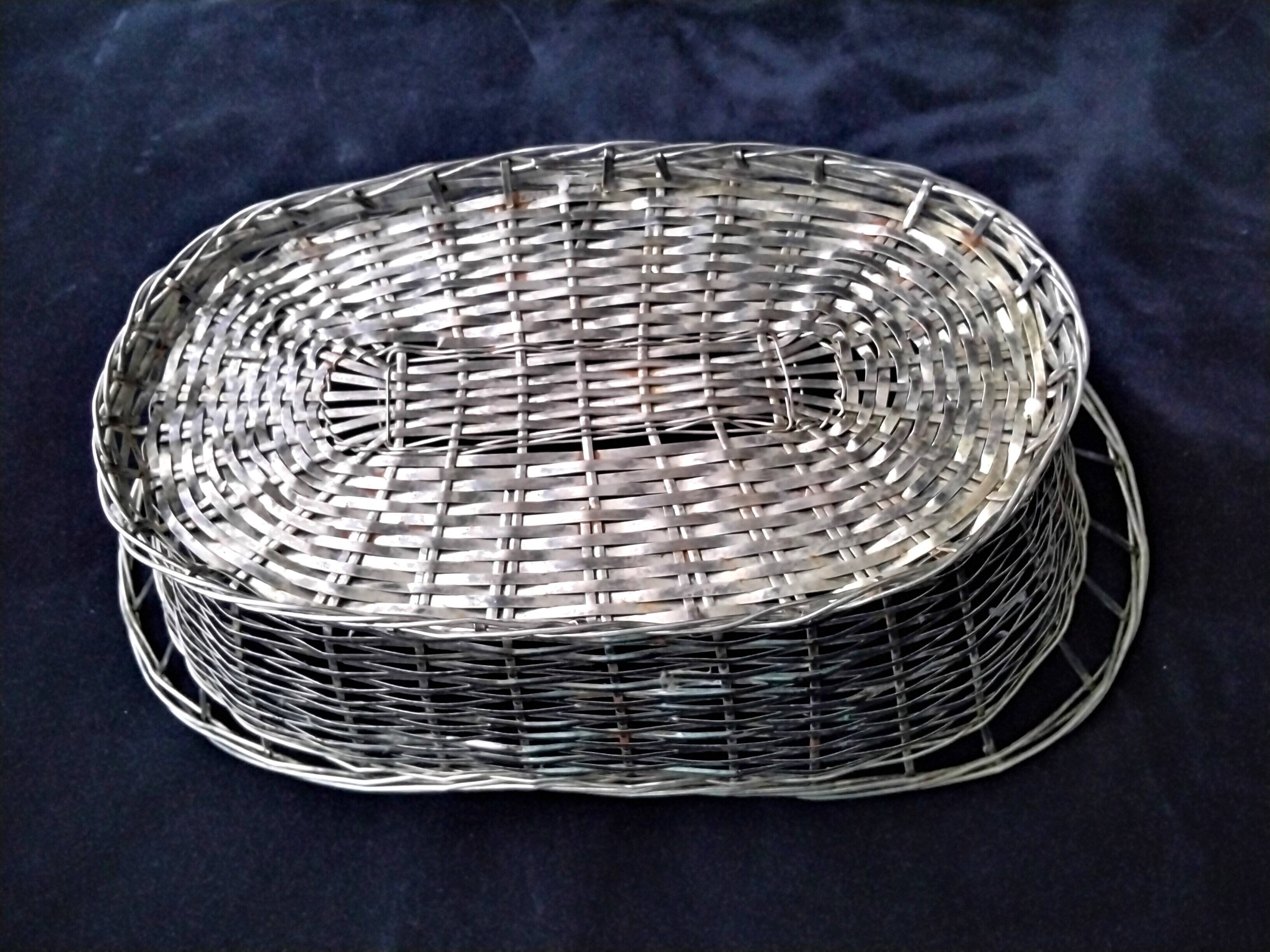 Basket, old basket in woven silver metal wire
