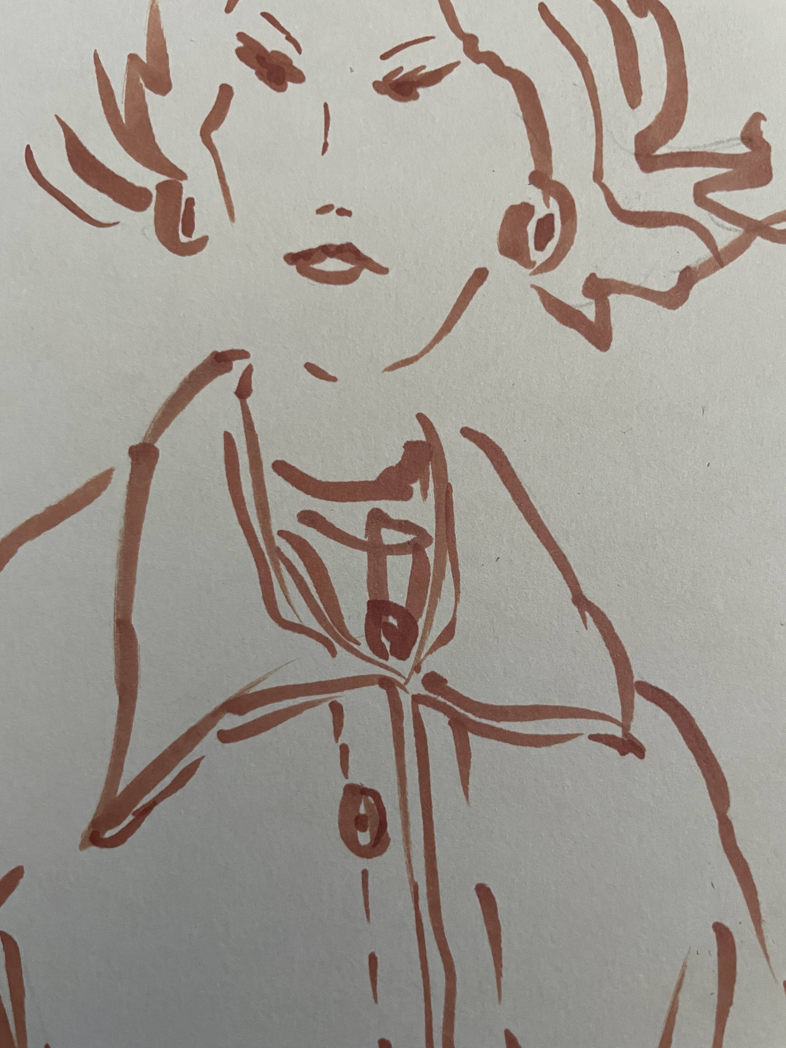 Painting signed in ink fashion engraving "study model of woman's jacket"