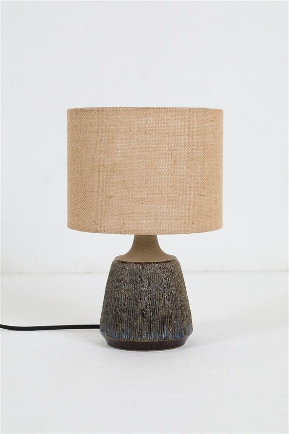 Rare handmade Søholm ceramic table lamp with jute lampshade / Mid-century Danish modern design / 1960s/1970s