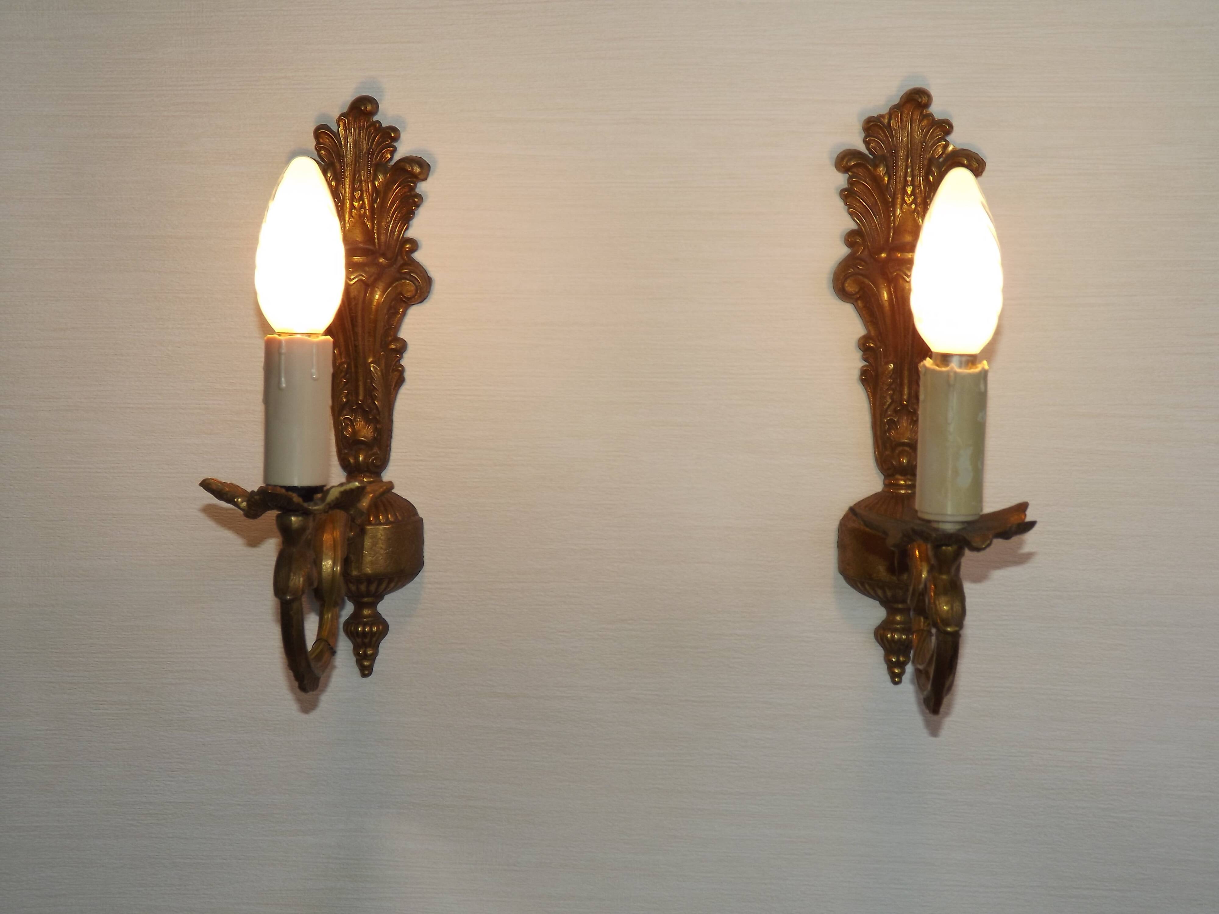 Pair French Gilt Bronze Single Wall Sconces Leaf & Feather Plume Detail