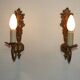 Pair French Gilt Bronze Single Wall Sconces Leaf & Feather Plume Detail