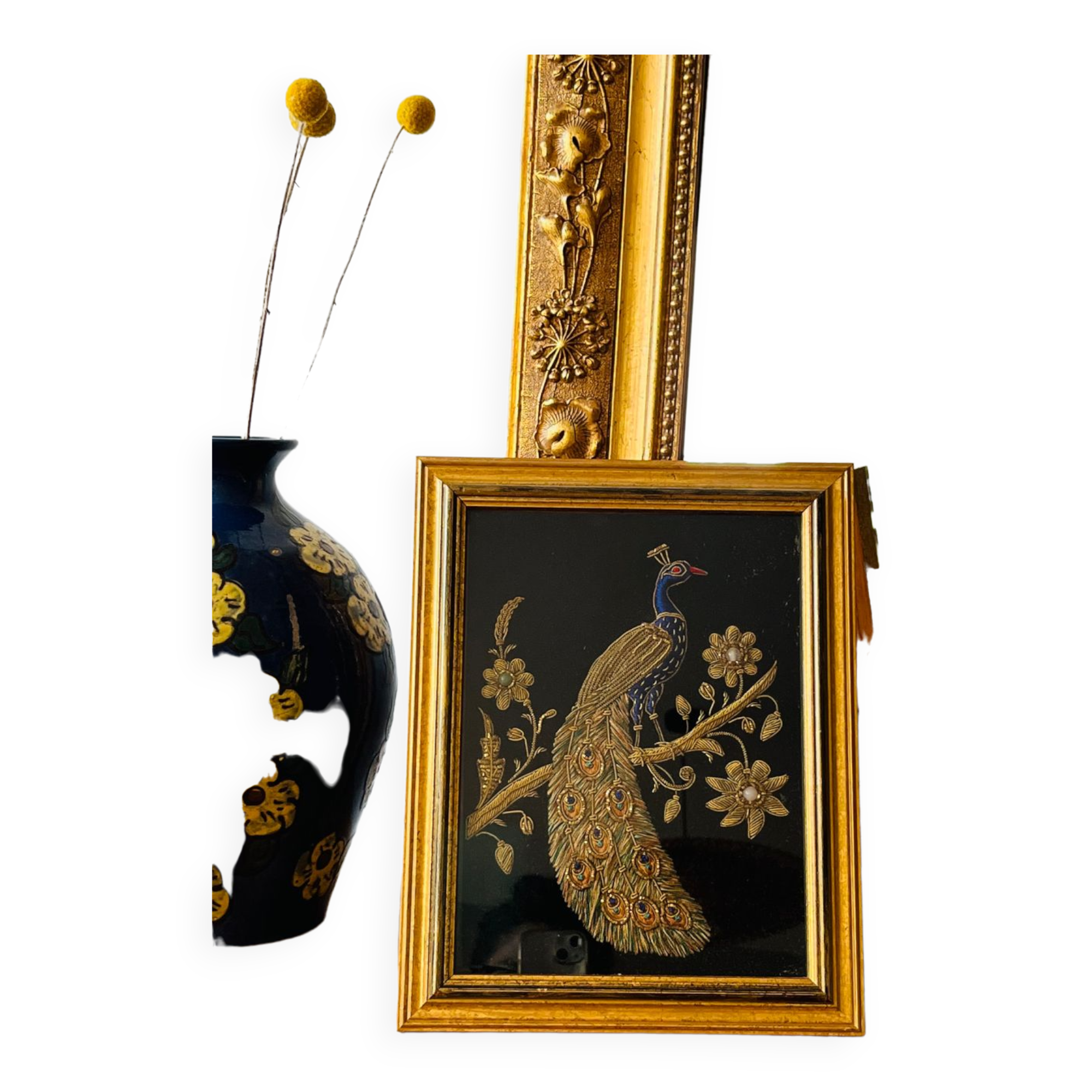 Embroidered peacock frame