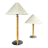 Set of 2 pencil reed rattan bamboo and chrome table lamps, 1980s