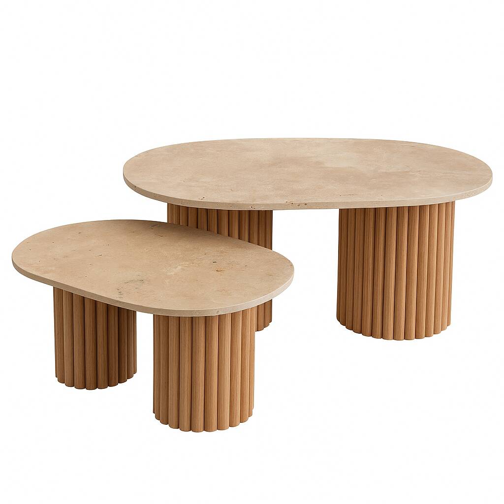 Oval coffee table duo travertine and raw fluted wooden legs.